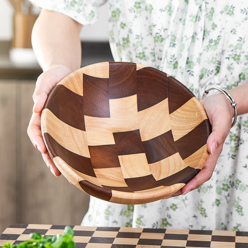 【福利】原色橡胶木棋盘格木碗沙拉碗直径19.5cm*8cm