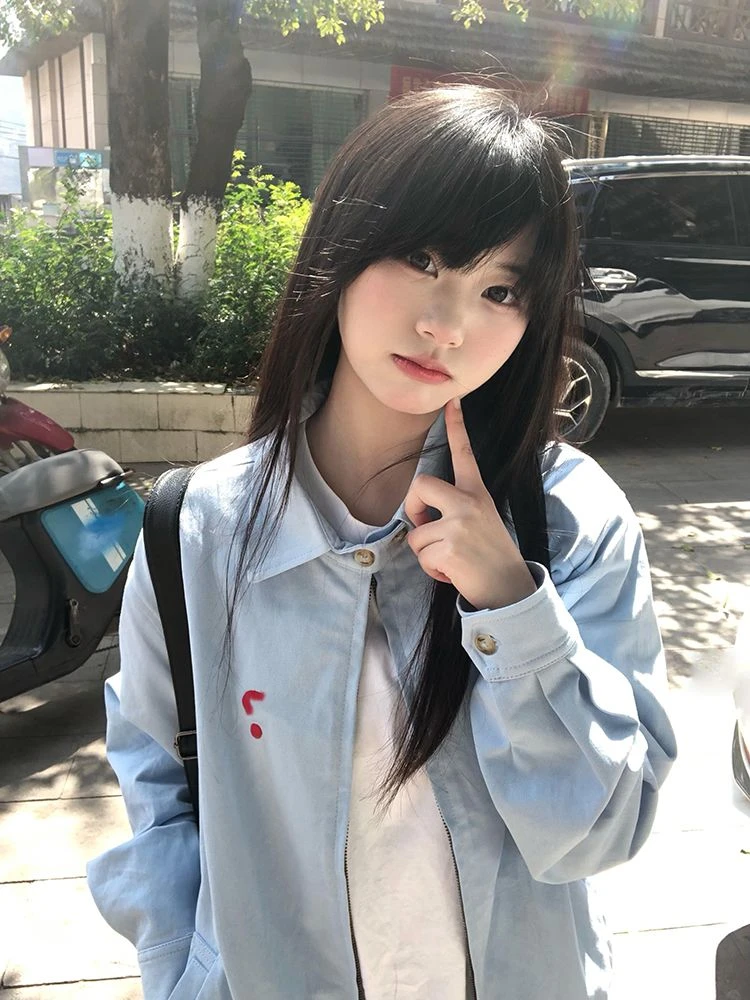 美式天蓝色衬衫外套男秋季短款立领哈灵顿夹克翻领棒球服复古