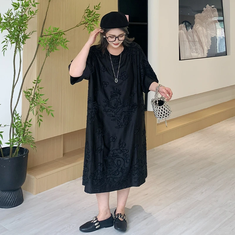 媛子【龙纹】大码气质提花宽松连衣裙重工设计款时尚轻奢裙YY202438