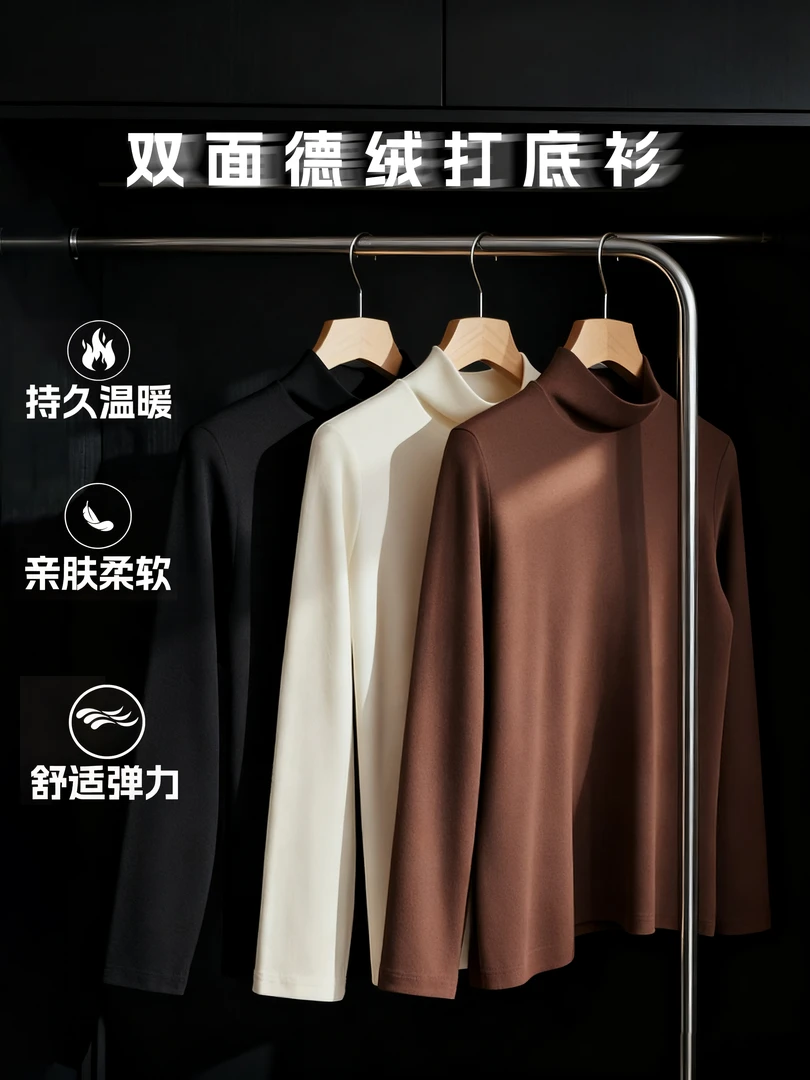 【买一送一】长袖男士双面德绒打底衫修身商务休闲穿搭半高领秋冬