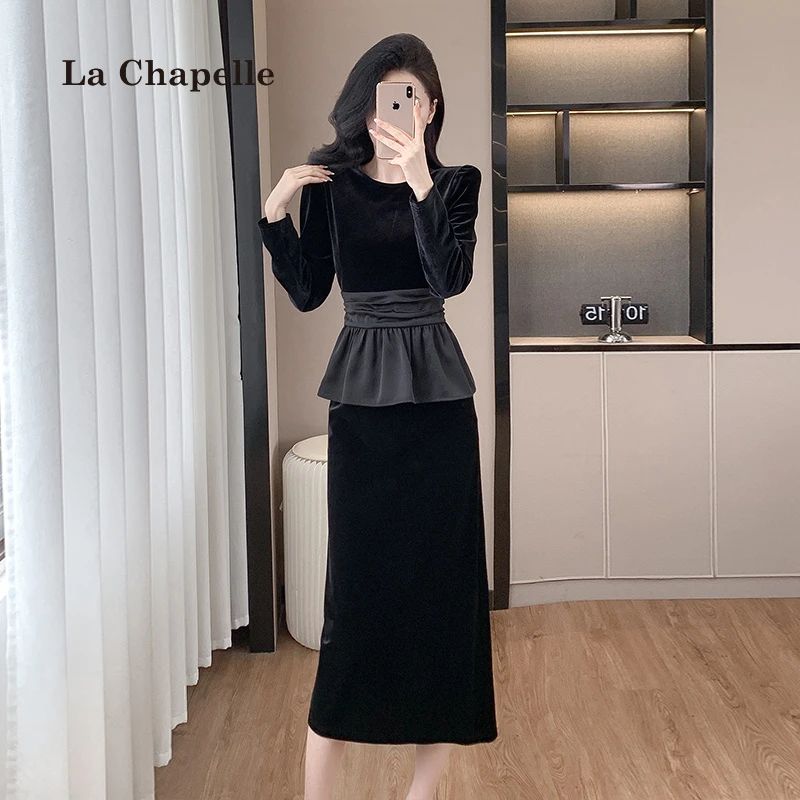 拉夏贝尔法式赫本风连衣裙秋冬季宴会晚礼服收腰黑色丝绒两件套女