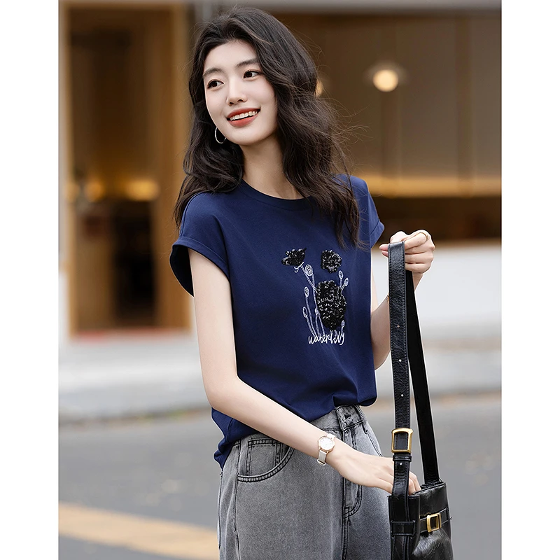 【重百粉丝专享】德·玛纳舒弹180G棉氨夏季圆领珠片绣花连肩t恤