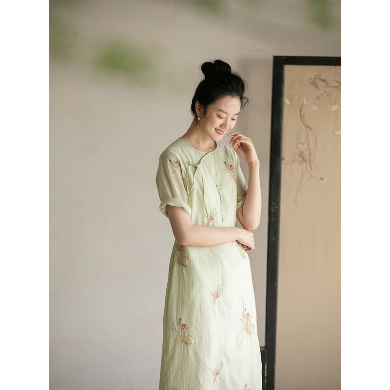 牧衣原创 丝棉刺绣连衣裙轻薄炒色禅意复古文艺改良旗袍 鸟鸣涧