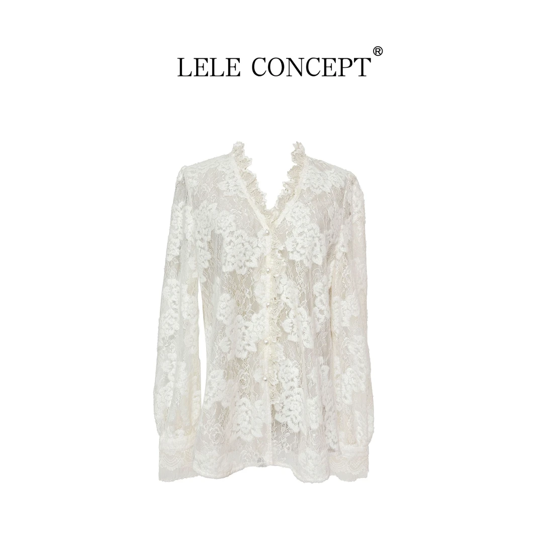 LELE CONCEPT丨都市时髦V领蕾丝花朵上衣FS25D0269Y