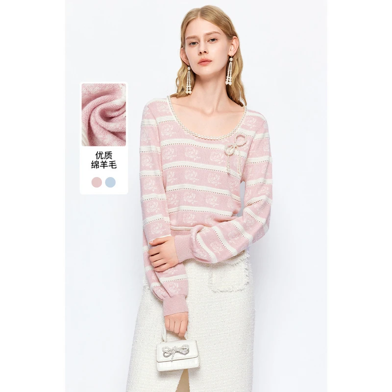 missCOCOON【塞班河的日落】春新款时尚浪漫条纹灯笼袖毛针织衫