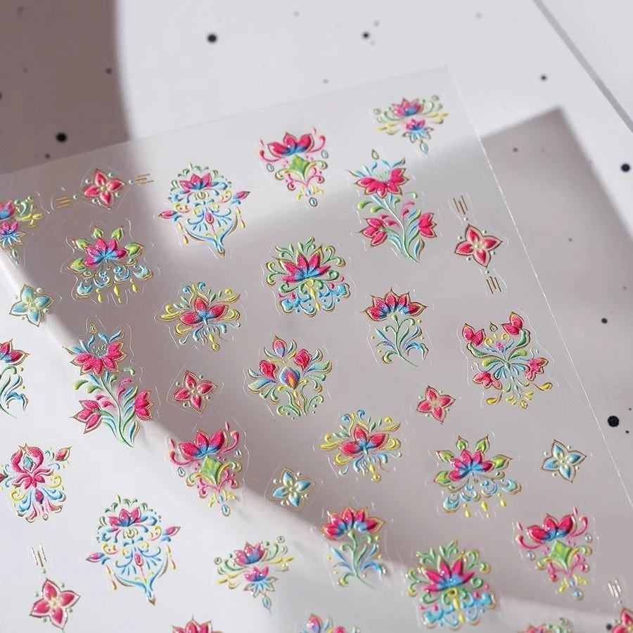 国风中式彩绘波西米亚镂空莲花花纹美甲贴纸宫廷风敦煌浮雕指甲贴