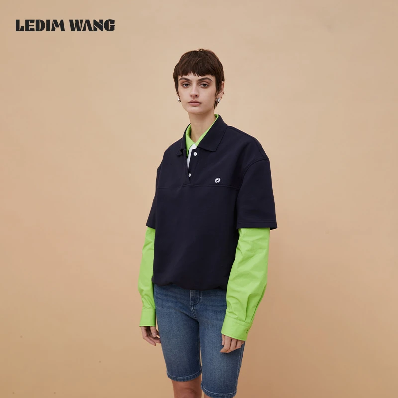 ledim wang撞色假两件长袖T恤女拼接POLO衫小众设计休闲百搭新款