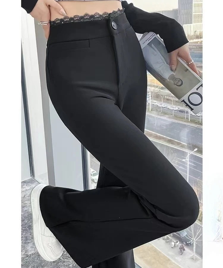 高级感西装裤女春秋拼接蕾丝高腰显瘦修身微喇叭裤休闲拖地马蹄裤