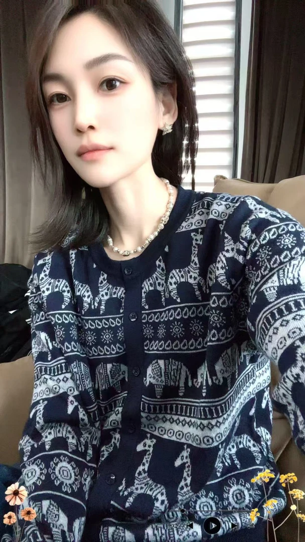杨老板定制款设计感动物刺绣圆领开衫毛衣