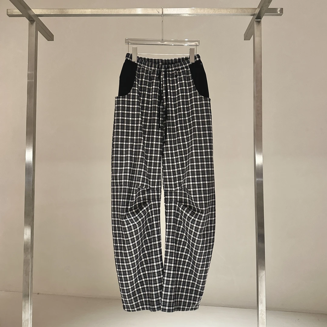 「格子裤」韩版复古褶皱宽松设计感百搭格子裤8883