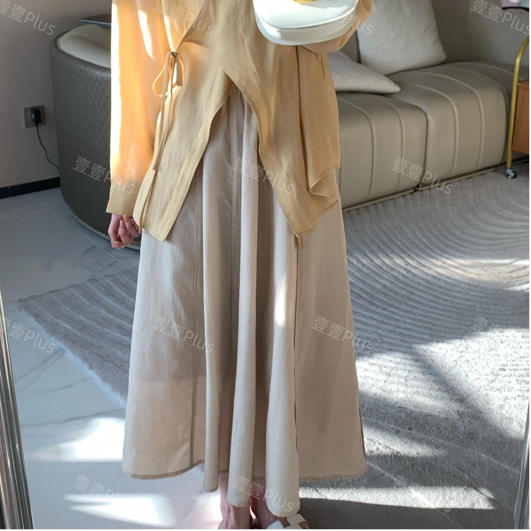 减龄高腰A字天丝半身裙子小众夏季褶皱中长裙透气松紧腰大摆裙