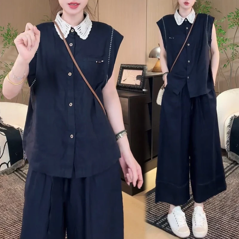 时尚套装女2025夏季新款翻领拼色无袖上衣高腰休闲九分裤两件套潮