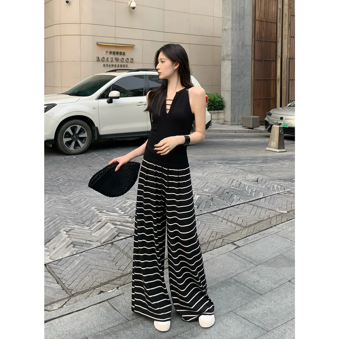 JIJINQI松紧显瘦薄款针织拖地裤夏季复古条纹休闲裤女JD06KZXL858