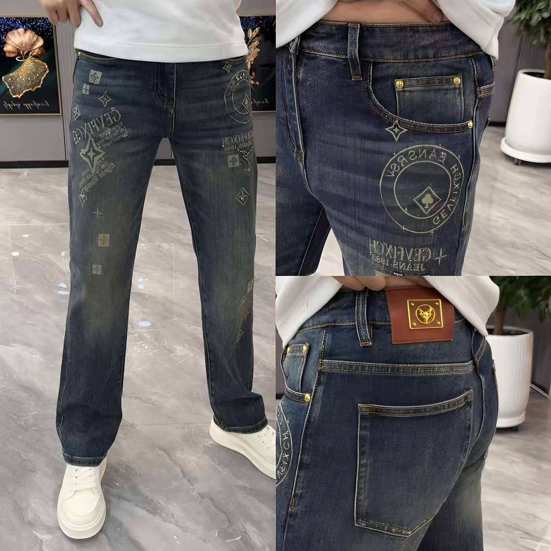 印花烫钻直筒宽松长裤轻奢痞帅网红洋气裤子裤子男款秋冬款