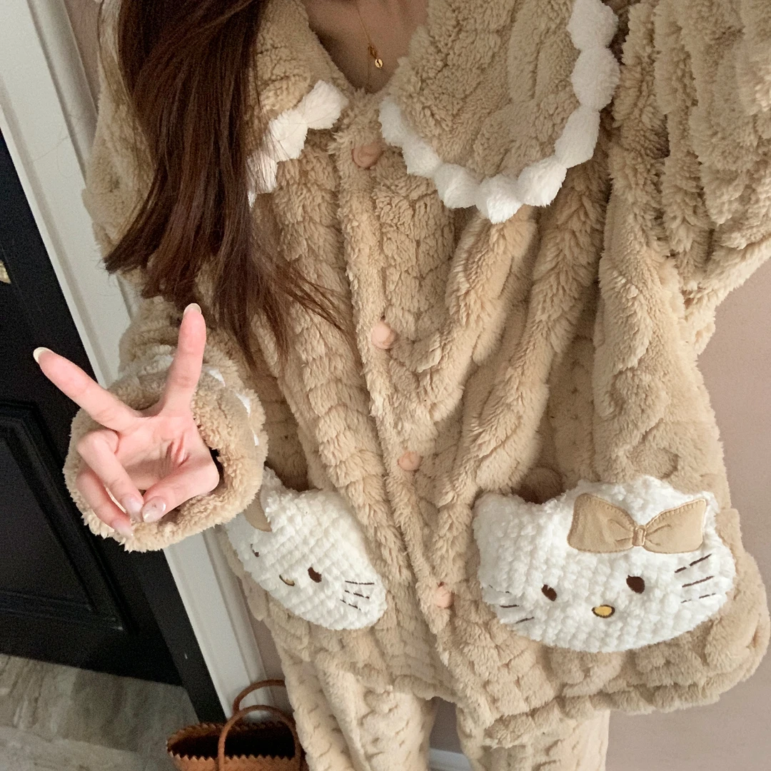 公主风棕色猫咪睡衣女冬季加绒加厚甜美提花珊瑚绒保暖家居服套装