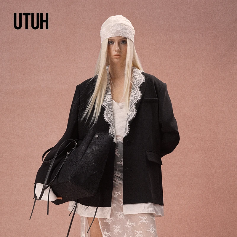 UTUH黑白经典撞色可拆卸层次高级气质感极简拼接西装女TUWWS1X036