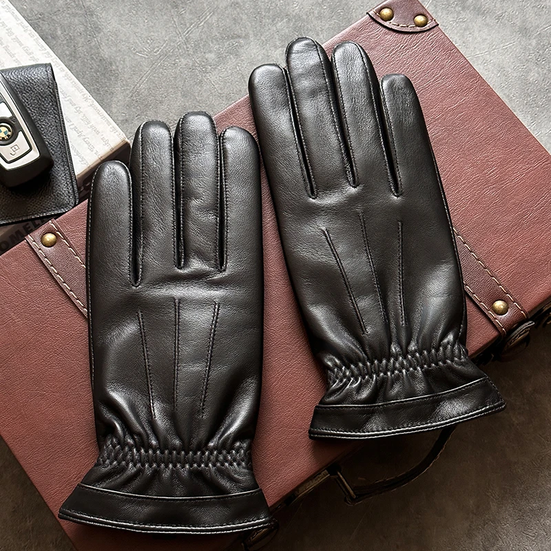 真皮手套冬季保暖皮手套男士骑行摩托车开车加厚加绒触屏羊皮手