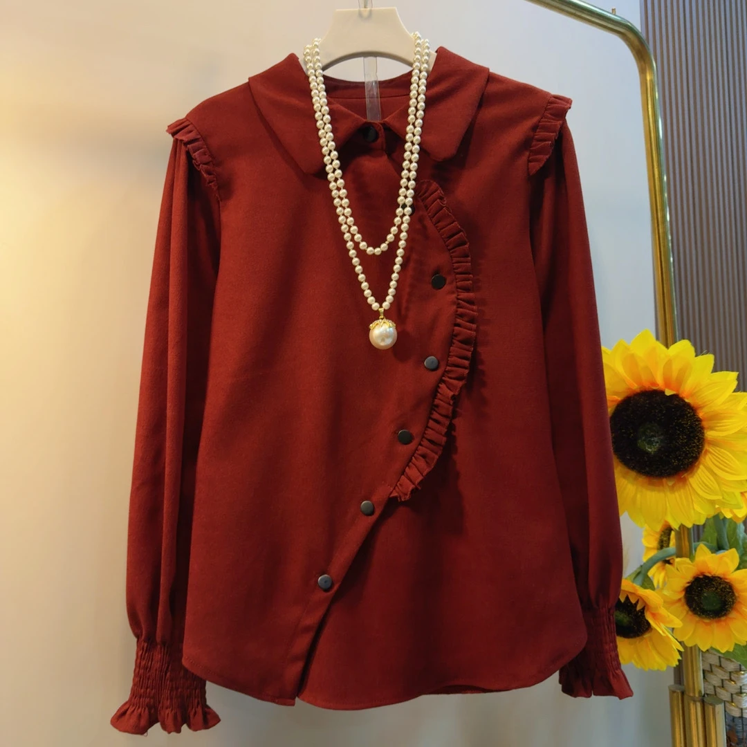 YM欧货复古港风斜襟木耳花边秋季新款减龄百搭显瘦大码衬衫上衣