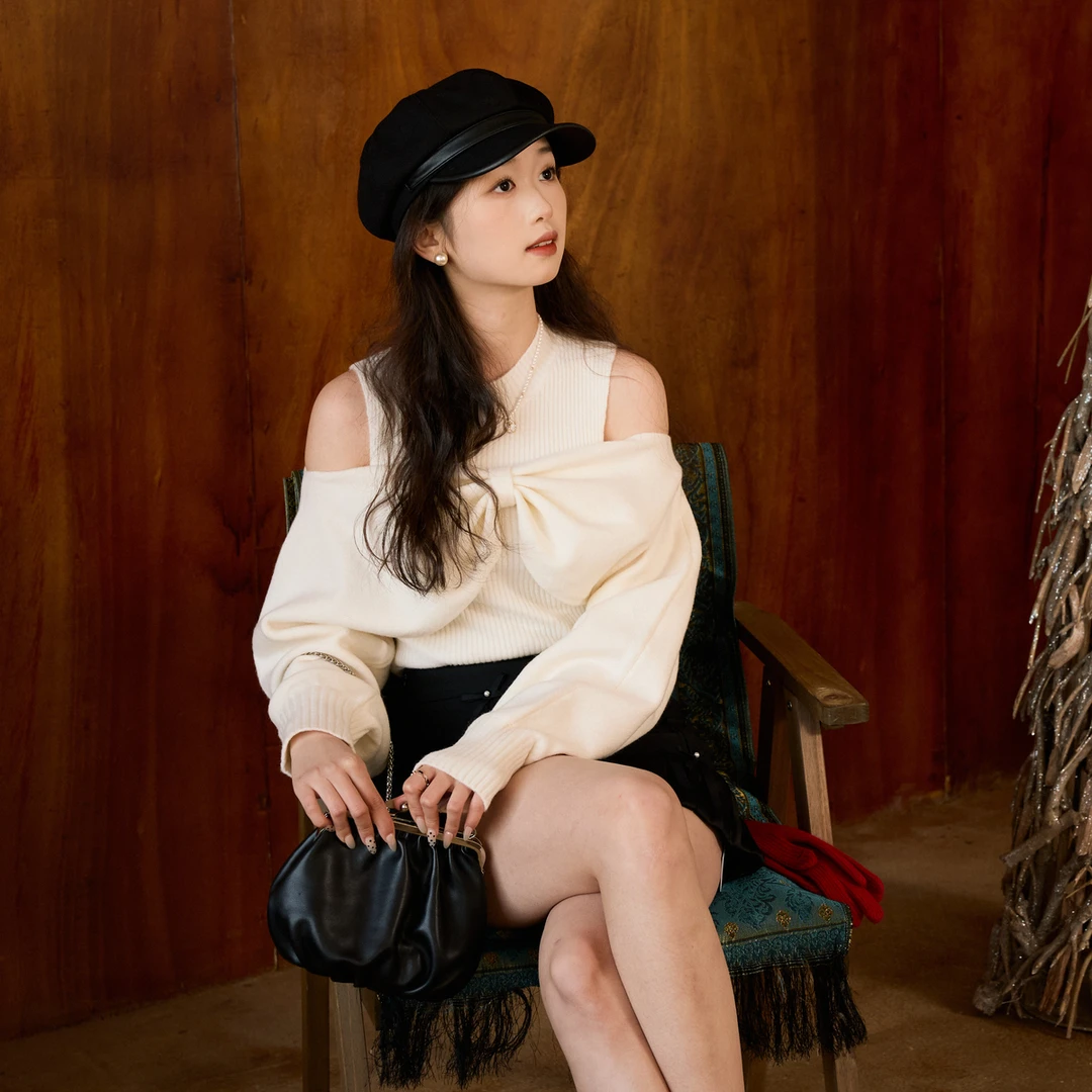 西町村屋蝴蝶结针织两件套女装秋冬新款气质感坎肩毛衣AD8602273