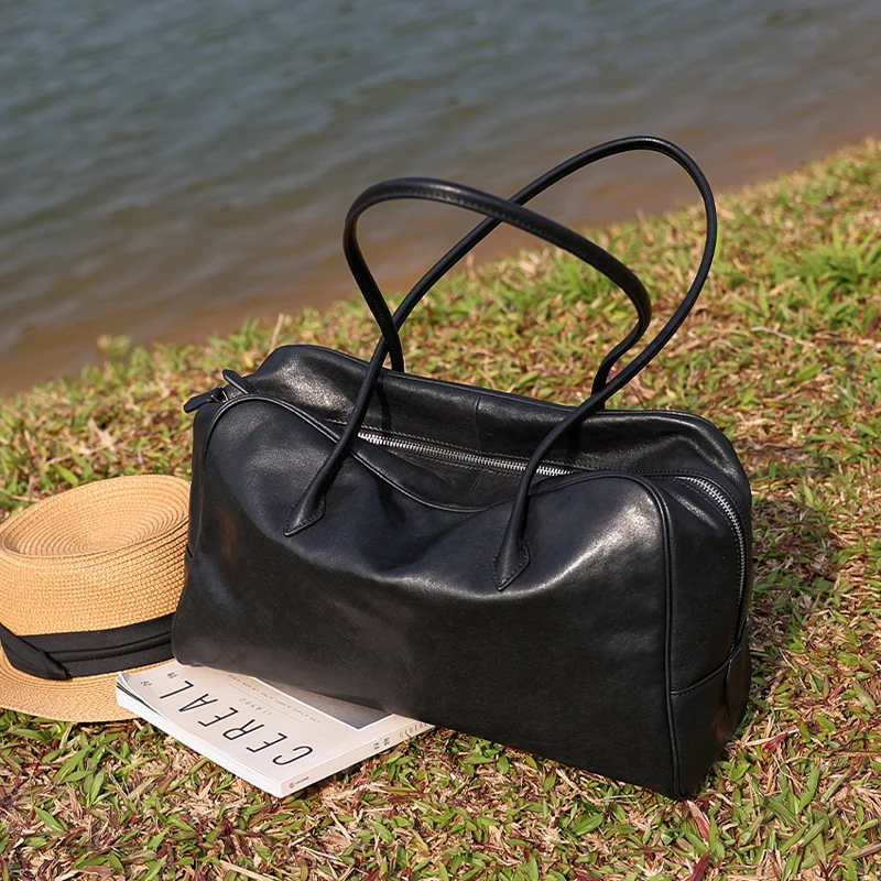 2025新款头层水晶植鞣牛皮波士顿包大容量简约休闲通勤单肩托特包