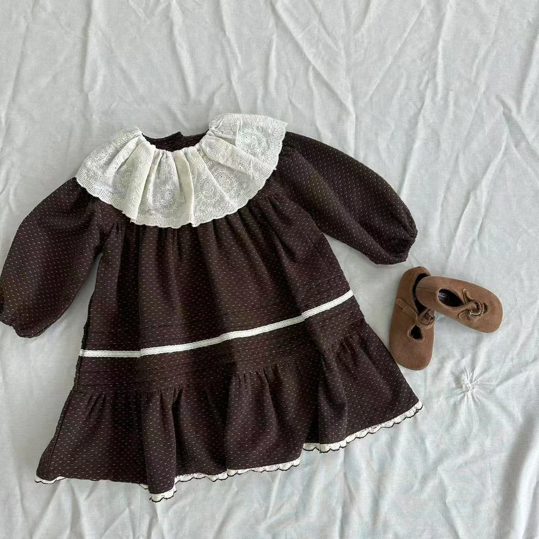 〖姐姐家〗2025春款儿童萌娃穿搭蕾丝大翻领碎花连衣裙bt071