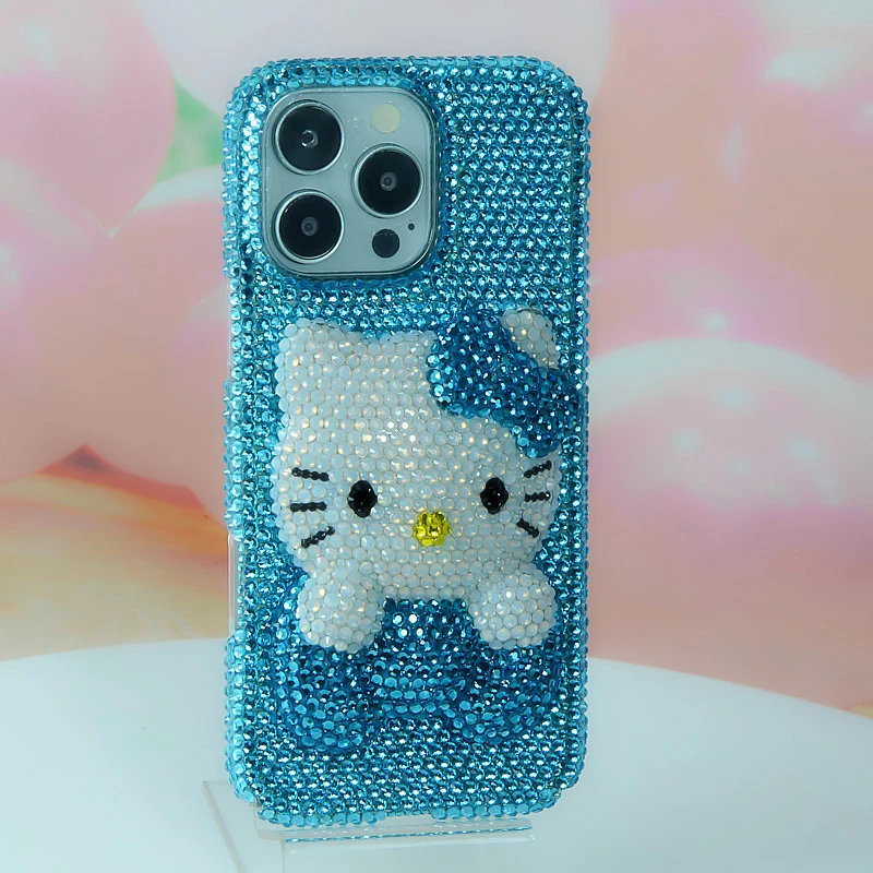 适用网红iPhone13 14 15 16proMax镶钻湖蓝趴趴猫苹果手机壳水钻