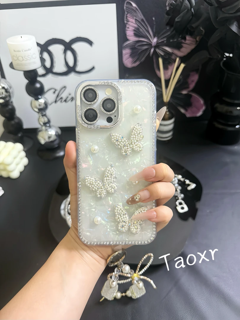 蝴蝶水钻立体贝壳纹手机壳适用iPhone16promax苹果15手机壳14新款