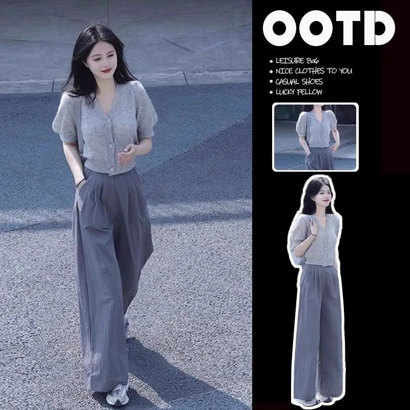 微胖显瘦遮肉短袖女t恤2024夏季新款韩版轻熟休闲西装裤两件套装