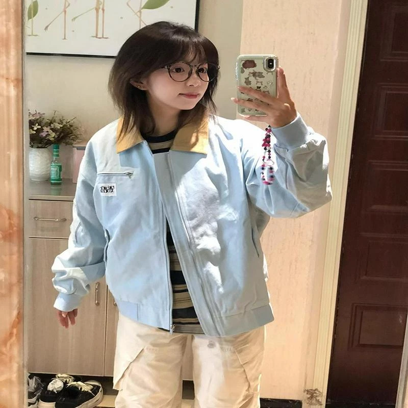 撞色欧美复古翻领外套女春秋设计感小众潮牌宽松百搭男女夹克上衣