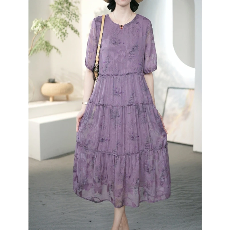 法式高贵气质紫色连衣裙女夏季宽松显瘦大码女装减龄长裙子A32013