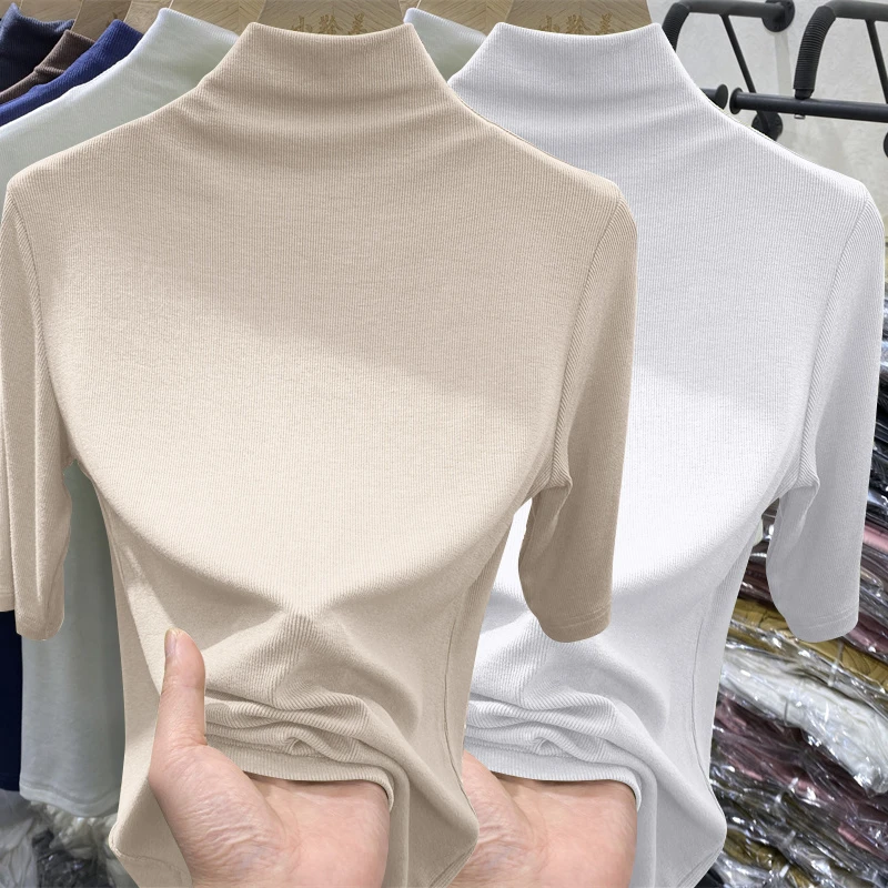黑色半高领螺纹中袖五分袖t恤女2025春夏季修身百搭高档打底上衣