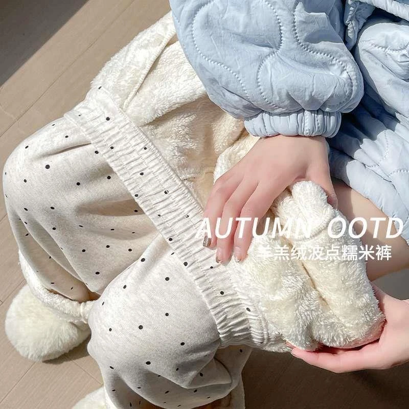 米白色波点糯米裤子女秋冬2024新款休闲直加绒加厚窄版糯米阔腿裤