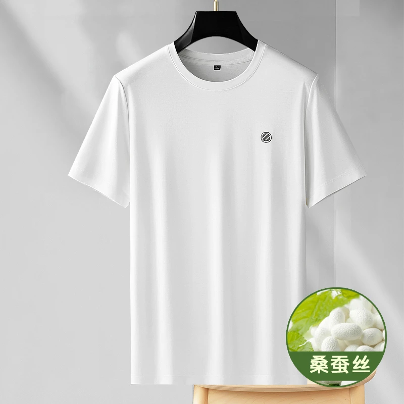 Tispair高端夏季薄款蚕丝休闲舒适透气纯色圆领T恤时尚运动短袖男