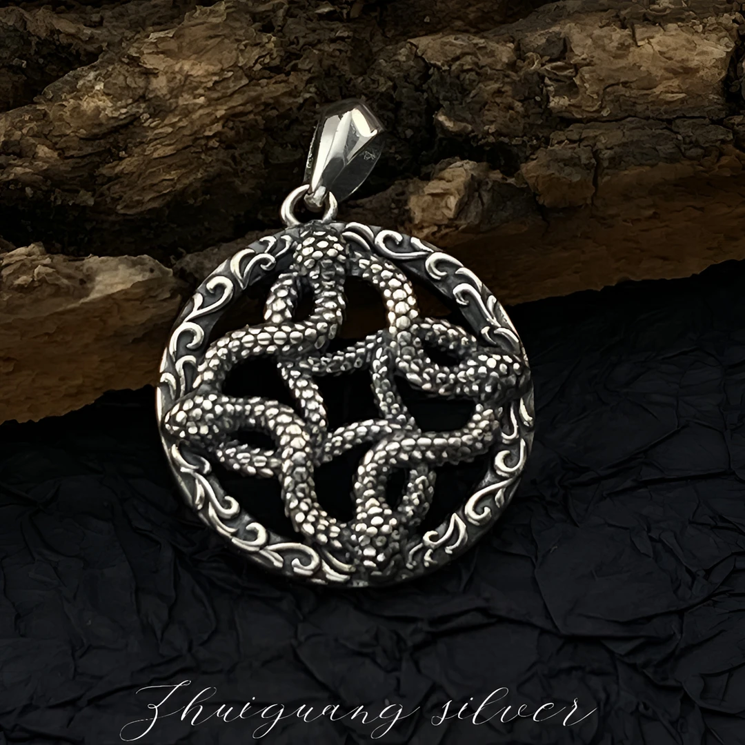 吊坠925银 吊坠925银 纯银S925复古做旧吊坠个性小众生肖蛇挂坠