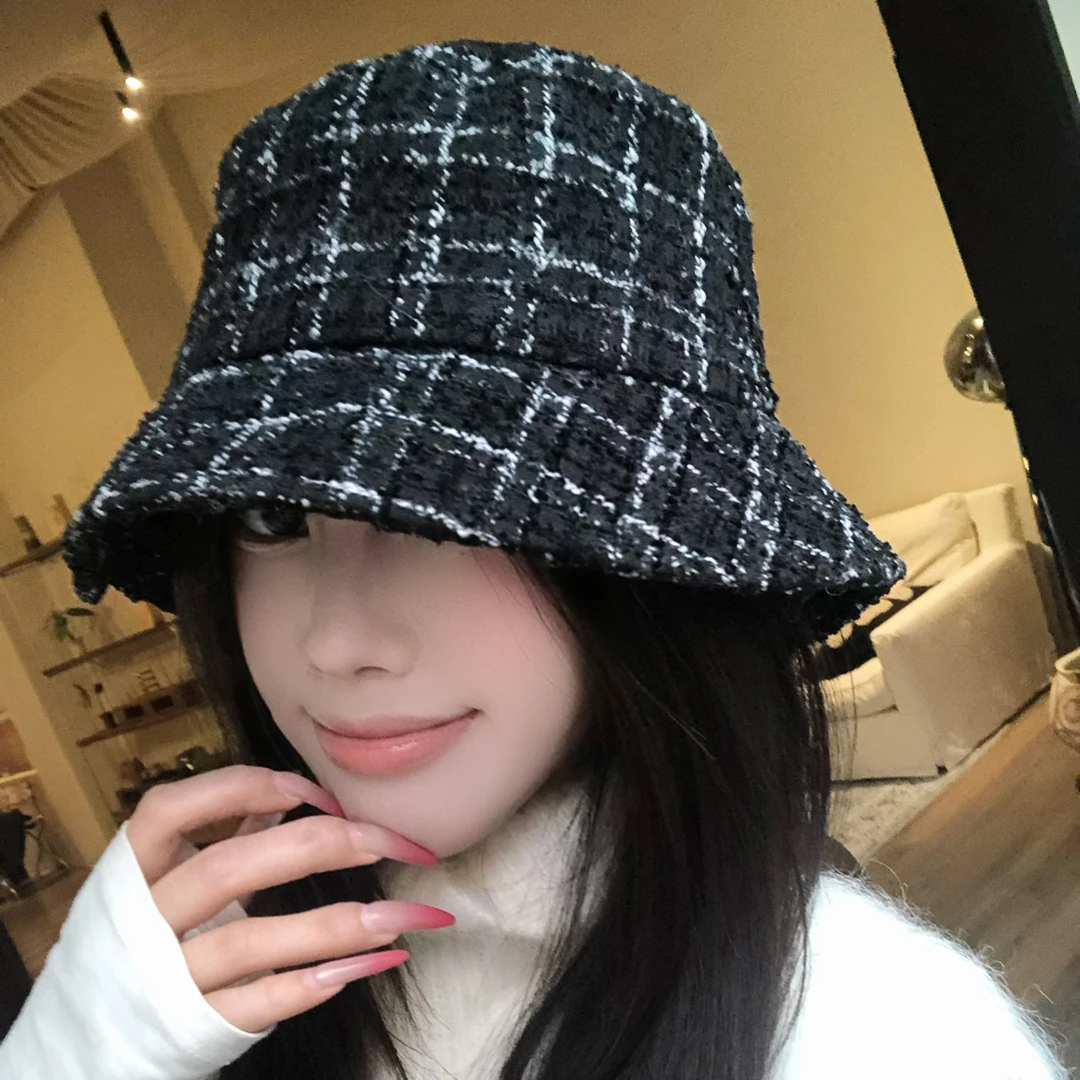 英伦风网感千金粗花呢渔夫帽女时髦复古格纹显脸小盆帽