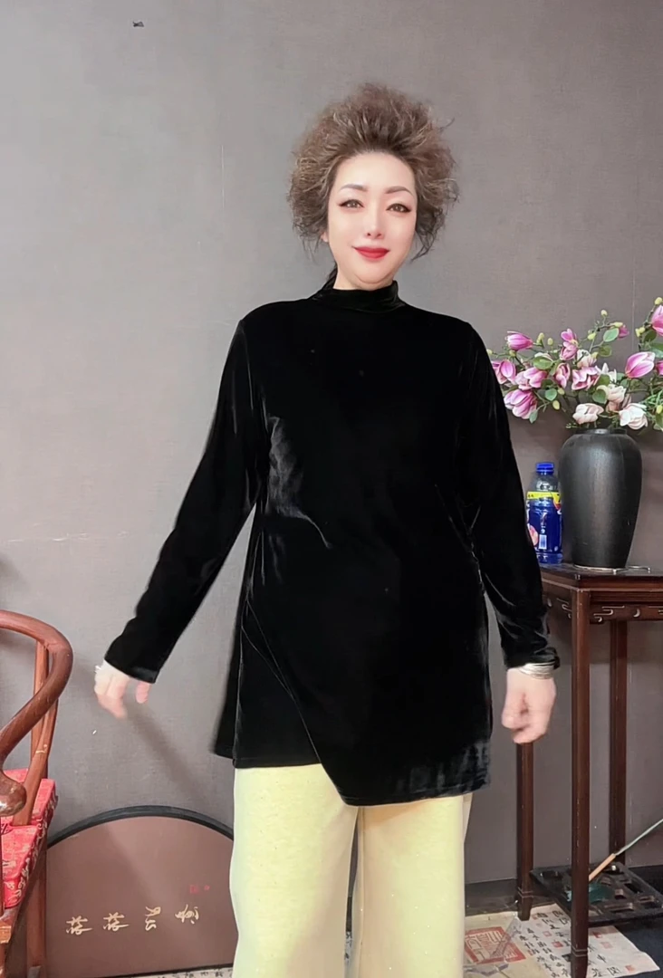 三姐家新中式高弹超级显瘦百搭半高领中长款上衣秋冬打底