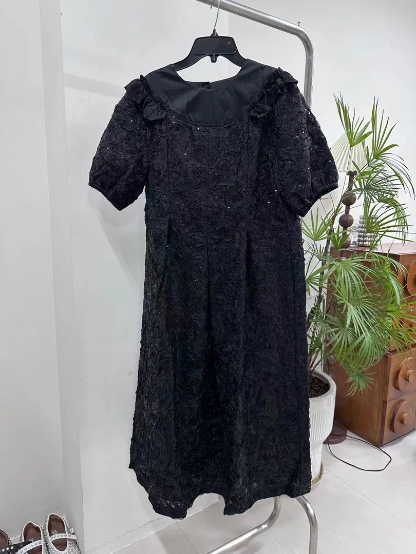晚安公主～欧单大华丽手工褶皱玫瑰连衣裙显瘦气质时尚百搭黑色