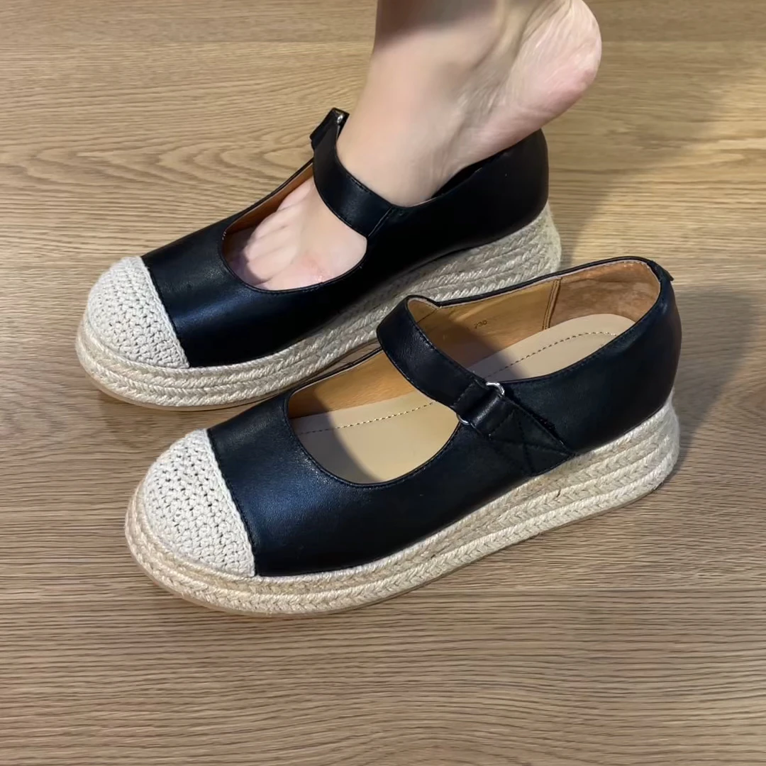 2025秋季新款简约时尚厚底百搭单鞋舒适增高包头玛丽珍草编单鞋女