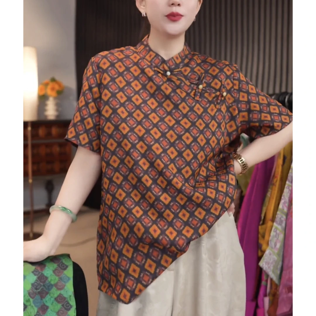 【满罗晚黛】新中式国风气质上衣显瘦斜襟时尚短袖百搭