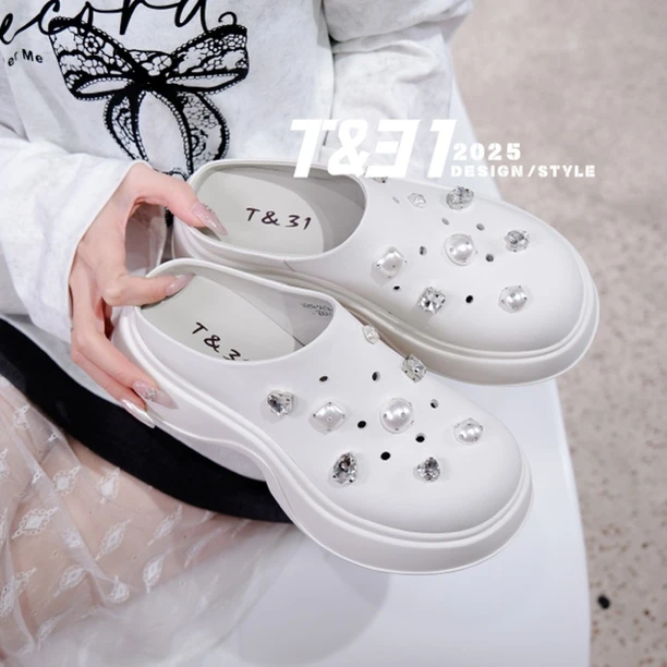 T31女鞋2025新真皮时尚厚底增高包头拖珍珠半拖鞋百搭轻便洞洞鞋