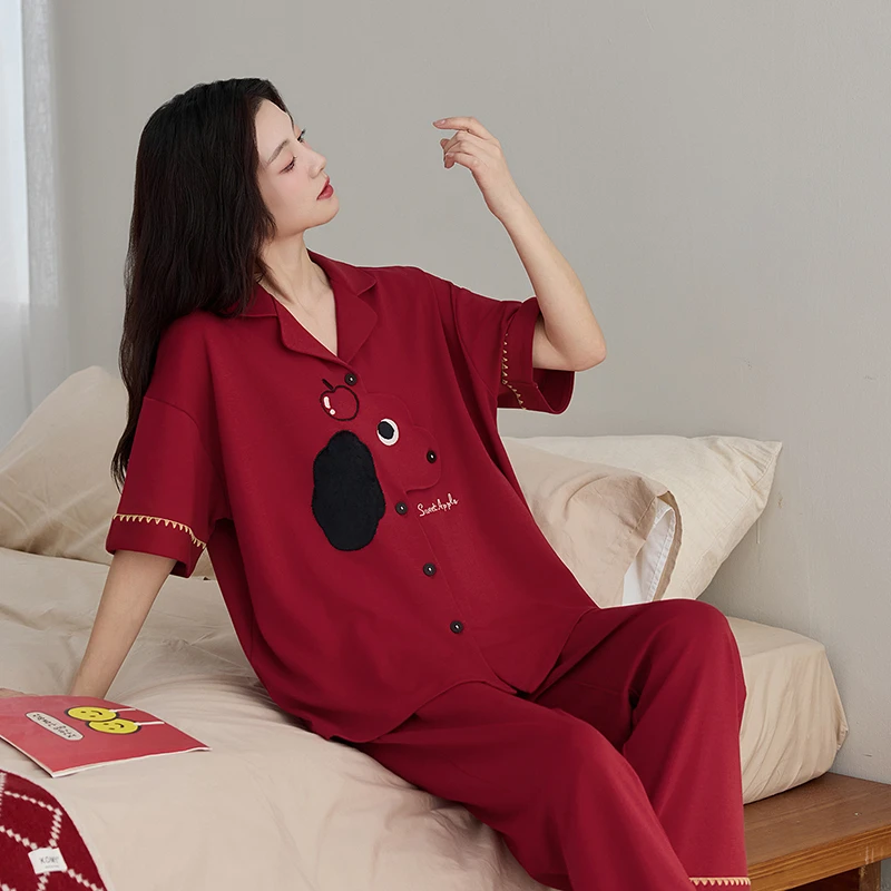 睡衣女士夏季薄款纯棉短袖长裤喜庆红色本命年开衫家居服结婚套装