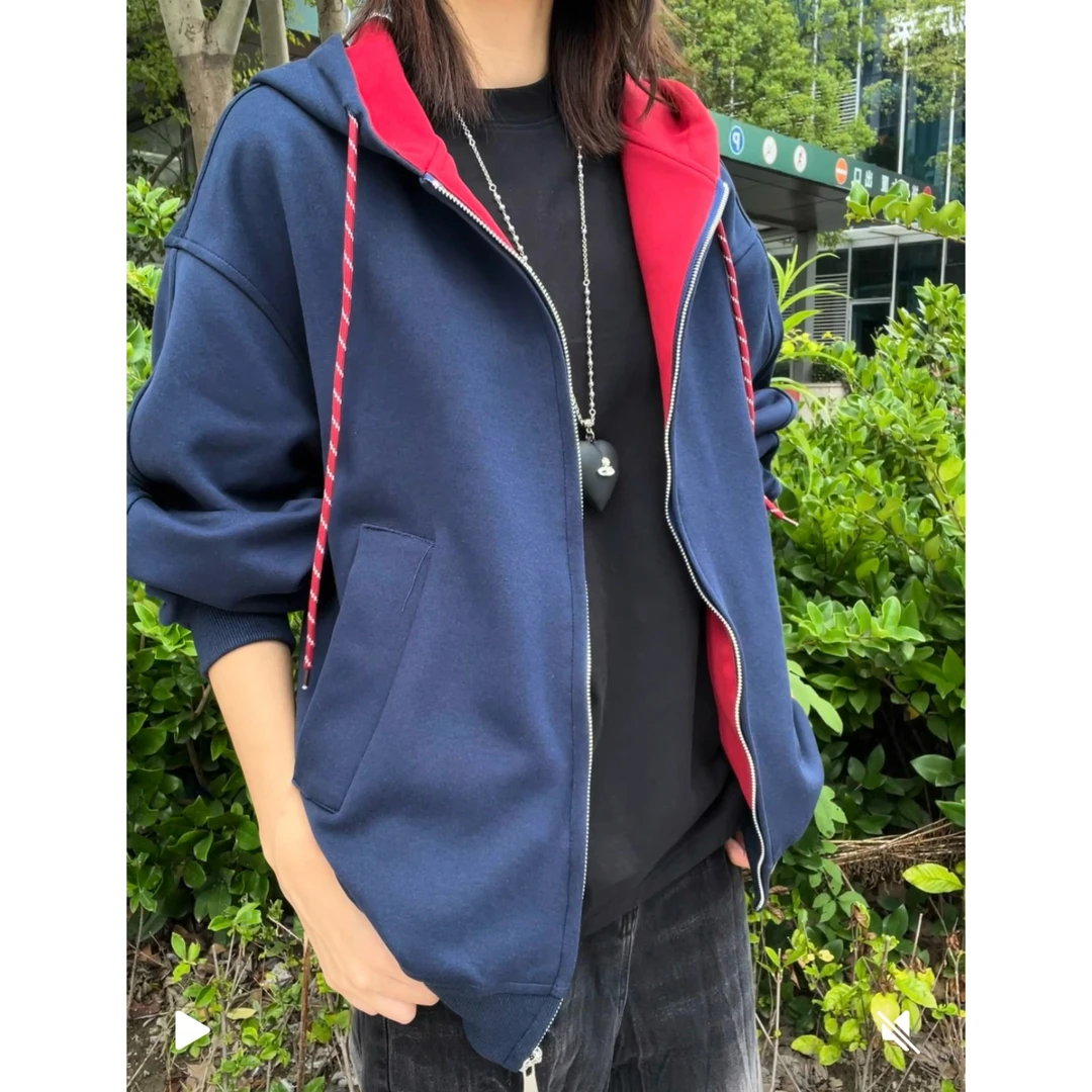 【现货】撞色百搭开衫卫衣男女秋季美式重磅大码拉链连帽休闲外套