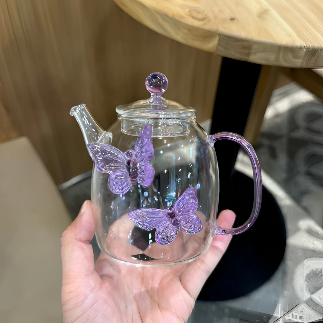 蝴蝶玻璃茶壶高硼硅泡茶壶迷你小号家用花茶壶冷泡壶绿茶壶300ml
