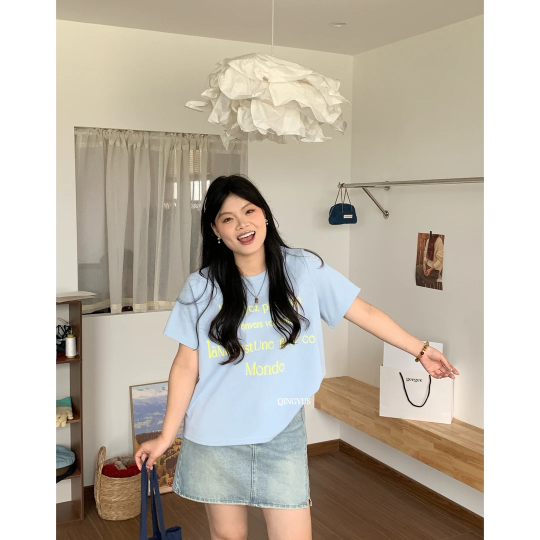 QINGYUS-字母印花正肩T恤微胖显瘦宽松休闲减龄上衣春季大码女装