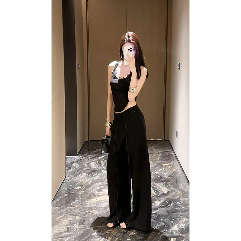 新款辣妹纯欲设计感蕾丝边U领黑色吊带背心高腰修身显瘦直筒裤女