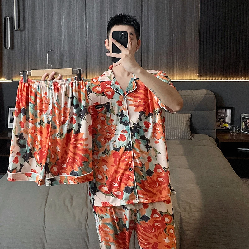 男士睡衣冰丝2025大码宽松休闲短袖薄款加肥帅气韩版家居服两件套