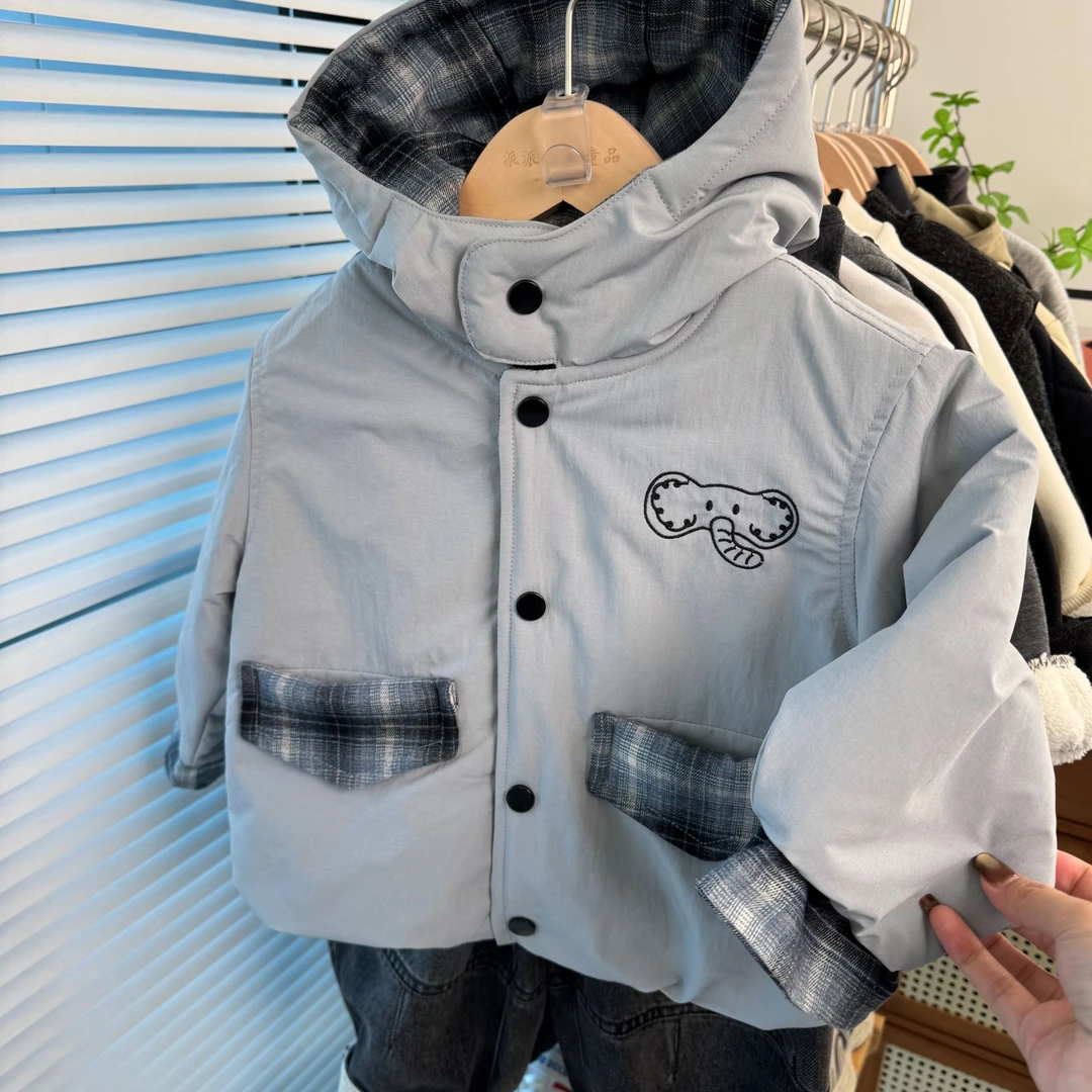 男童棉服2025秋冬新款男童童装韩版休闲格子夹棉外套