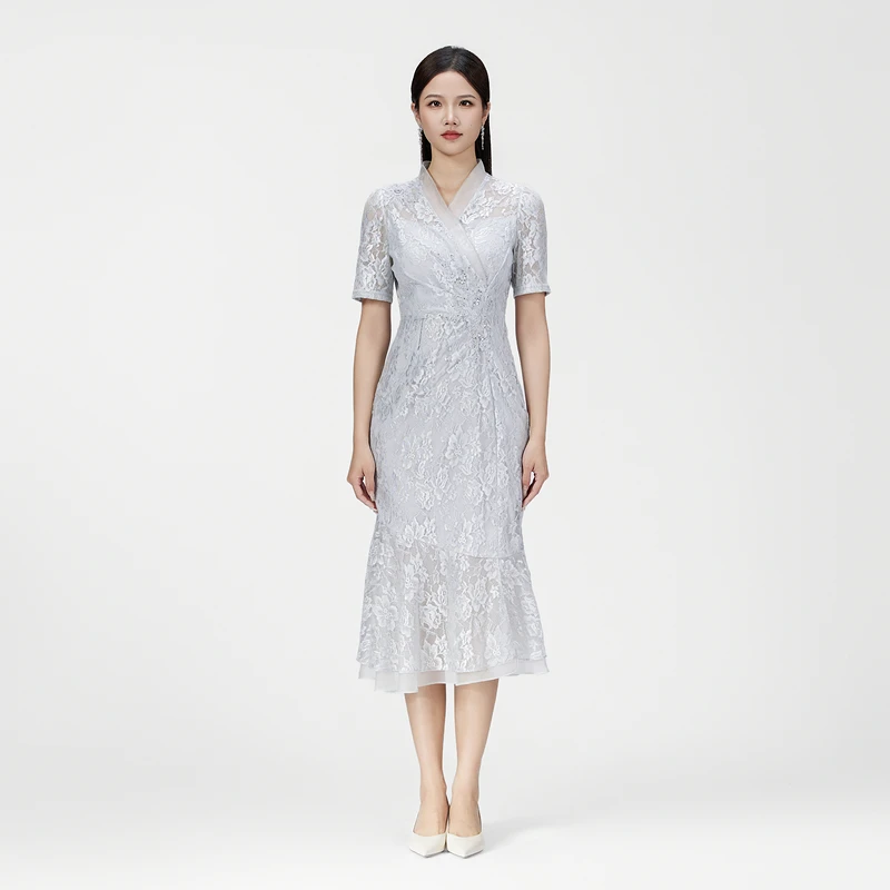 SUSSI/古色【流光叠影】气质短袖鱼尾提花蕾丝法式V领设计师连衣裙