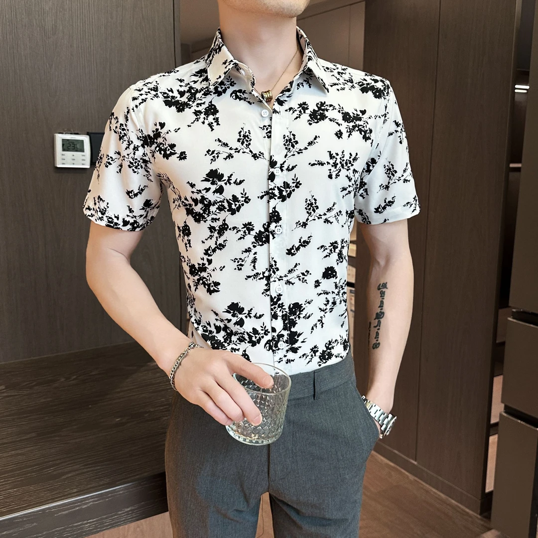 夏季2025新款印花短袖衬衫男装英伦雅痞风高级感休闲潮流时尚衬衣