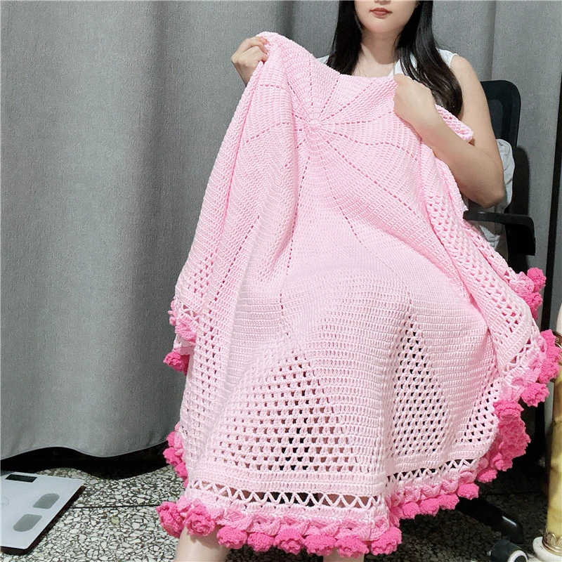 花束毯子手工diy钩针编织玫瑰花渐变毯自织精梳棉材料包钩织毛毯